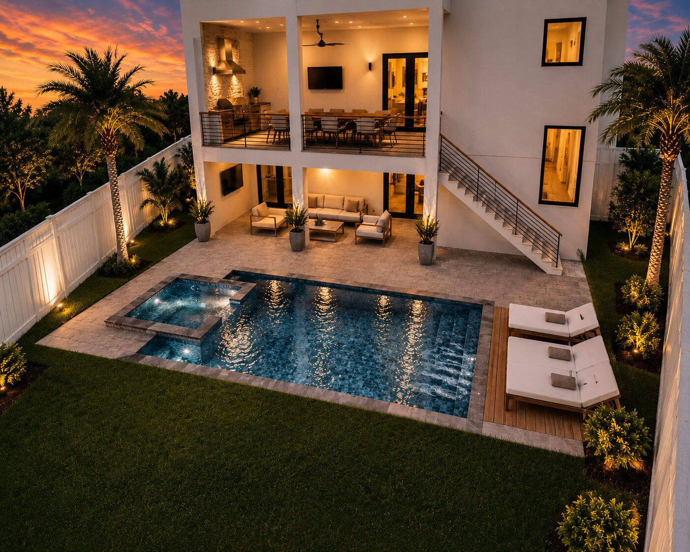 Aerial view of luxury pool and integrated spa with paver deck and landscape lighting