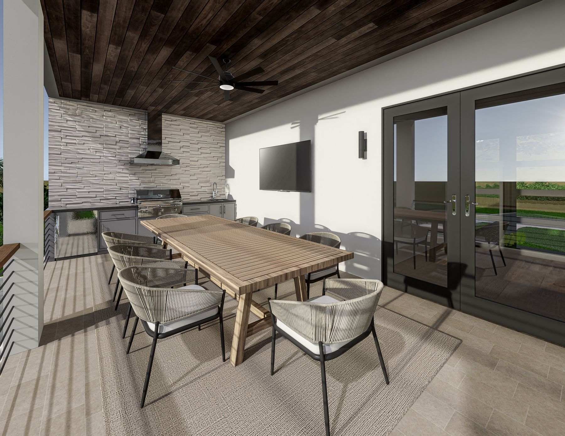 Covered lanai with tongue-and-groove wood ceiling, outdoor dining, and Artisan outdoor kitchen