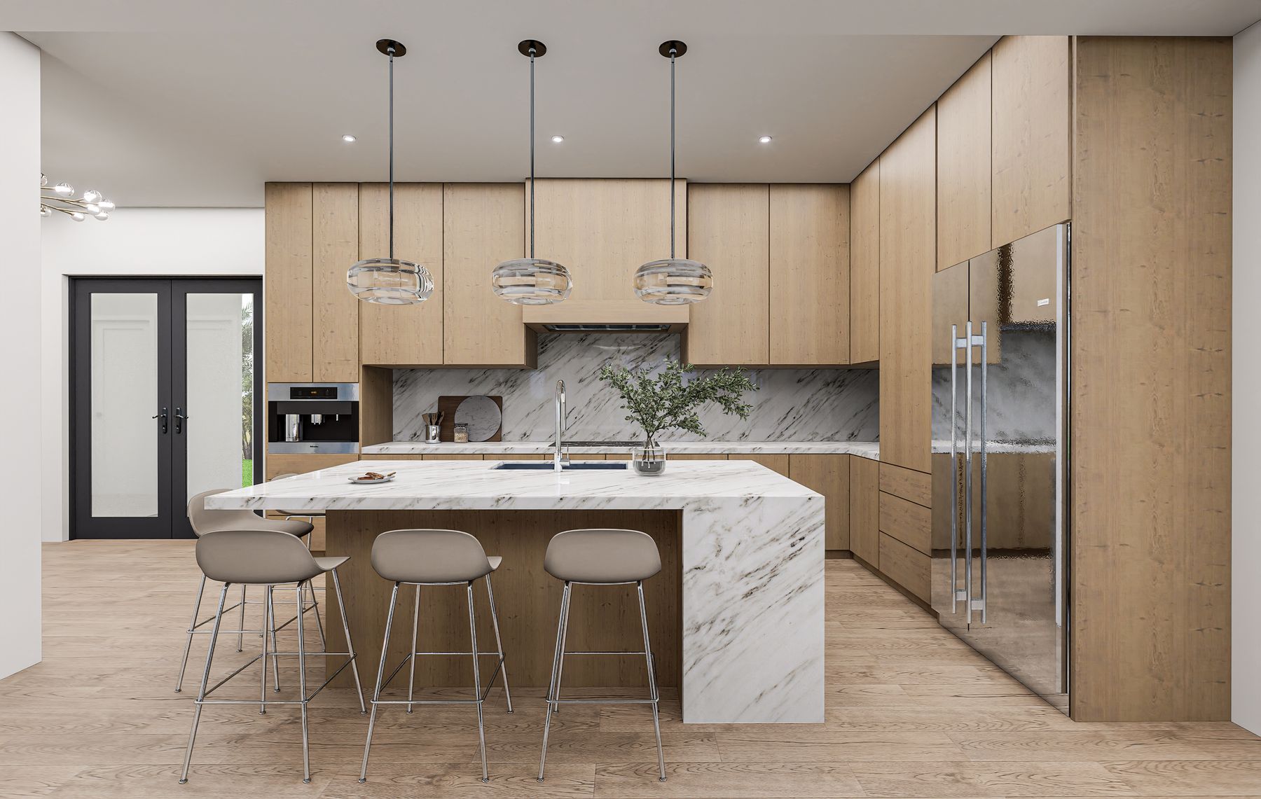 Designer kitchen with quartz waterfall island, custom skinny shaker cabinetry, and SKS professional appliances