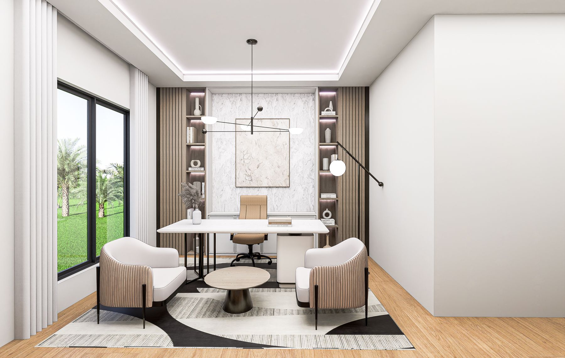 Executive study with built-in cabinetry, Arhaus chandelier, and quartz feature wall