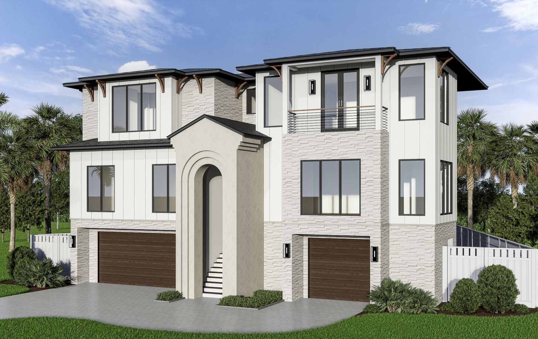 Front exterior rendering of 3406 Bayshore Blvd NE — luxury new construction custom home in St. Petersburg, FL with 3-car garage