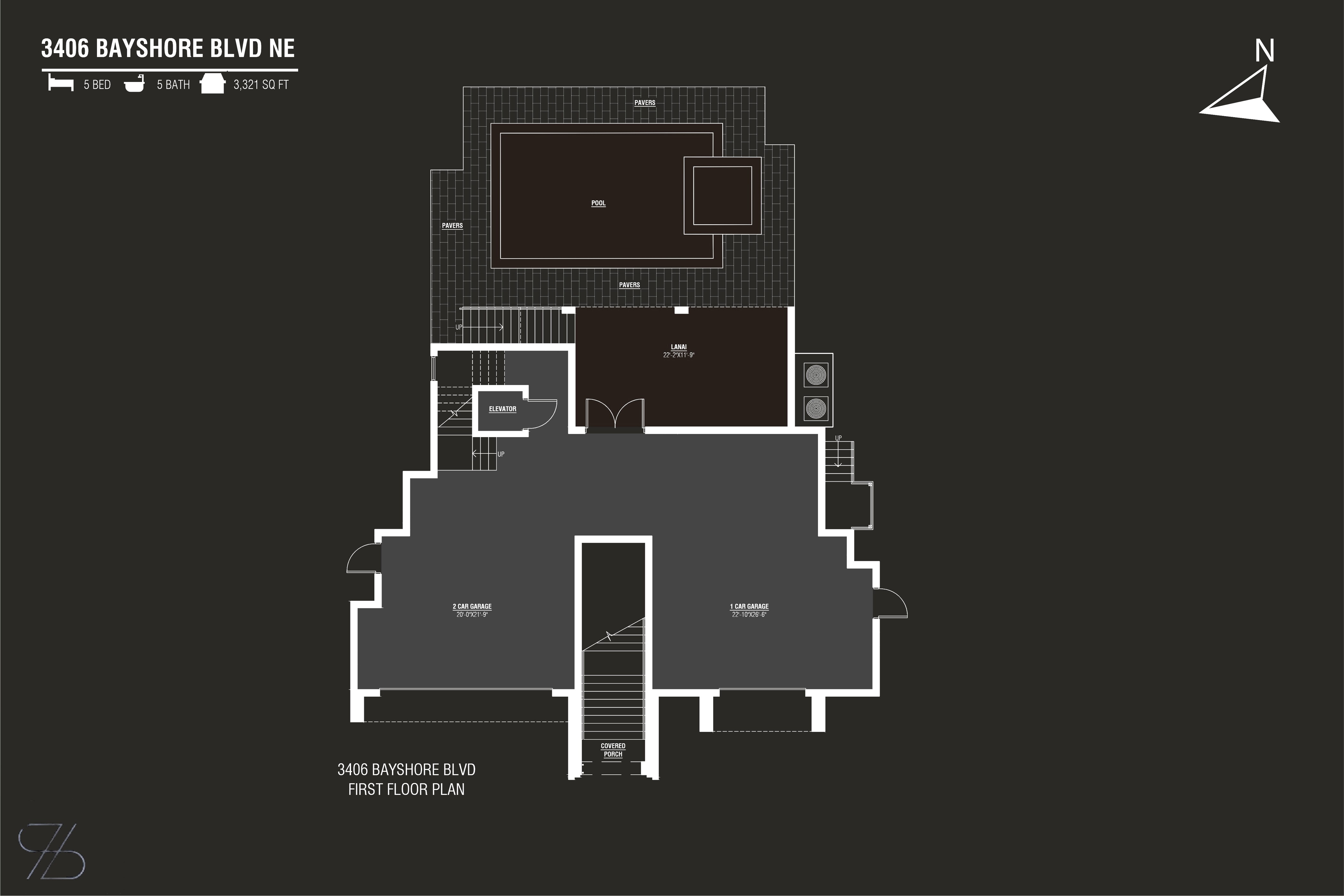 First floor plan of 3406 Bayshore Blvd NE showing the 2-car and 1-car garage, elevator, covered entry porch, resort-style pool, and covered lanai