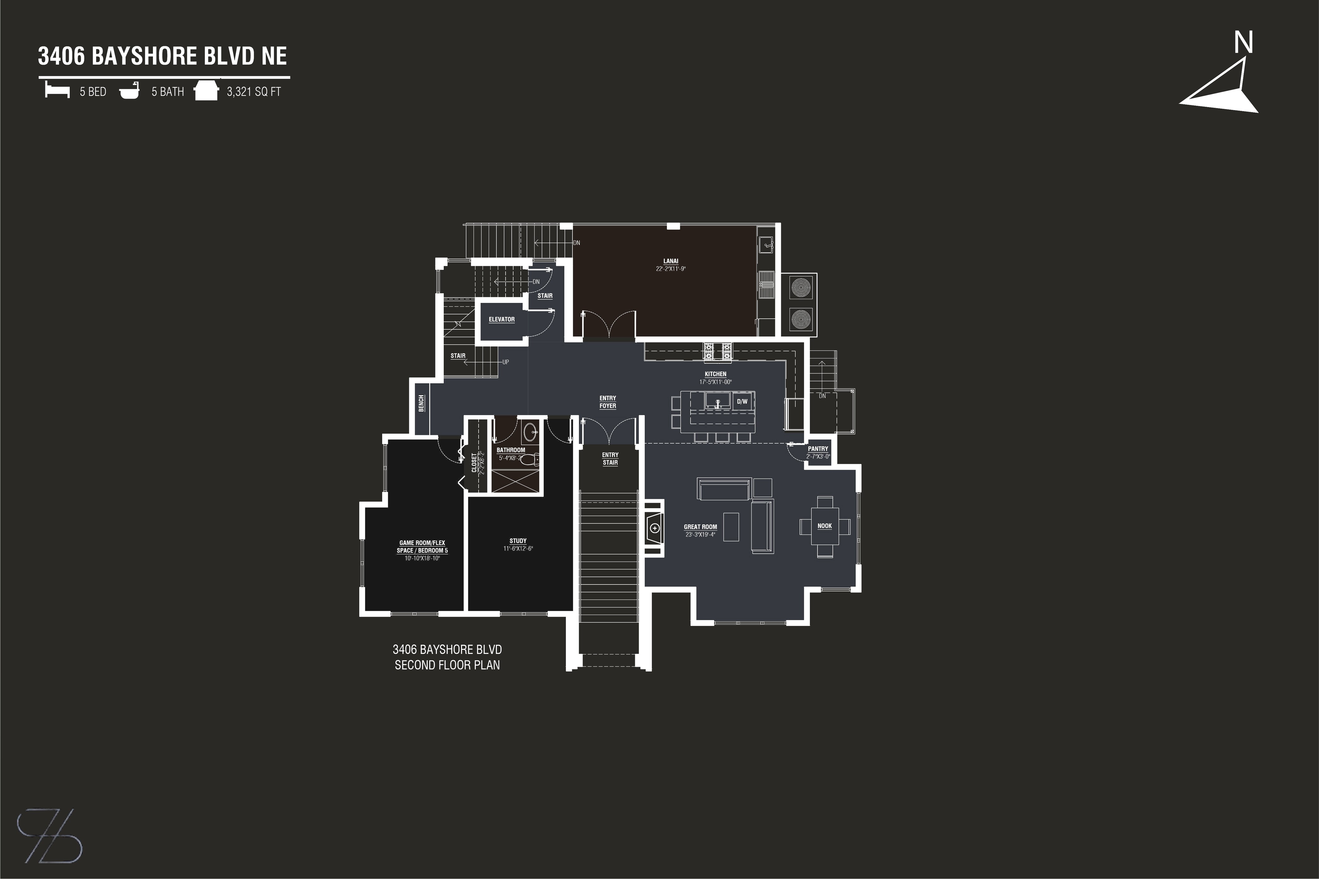 Second floor plan of 3406 Bayshore Blvd NE showing the great room, kitchen, nook, pantry, executive study, game room flex space, and covered lanai