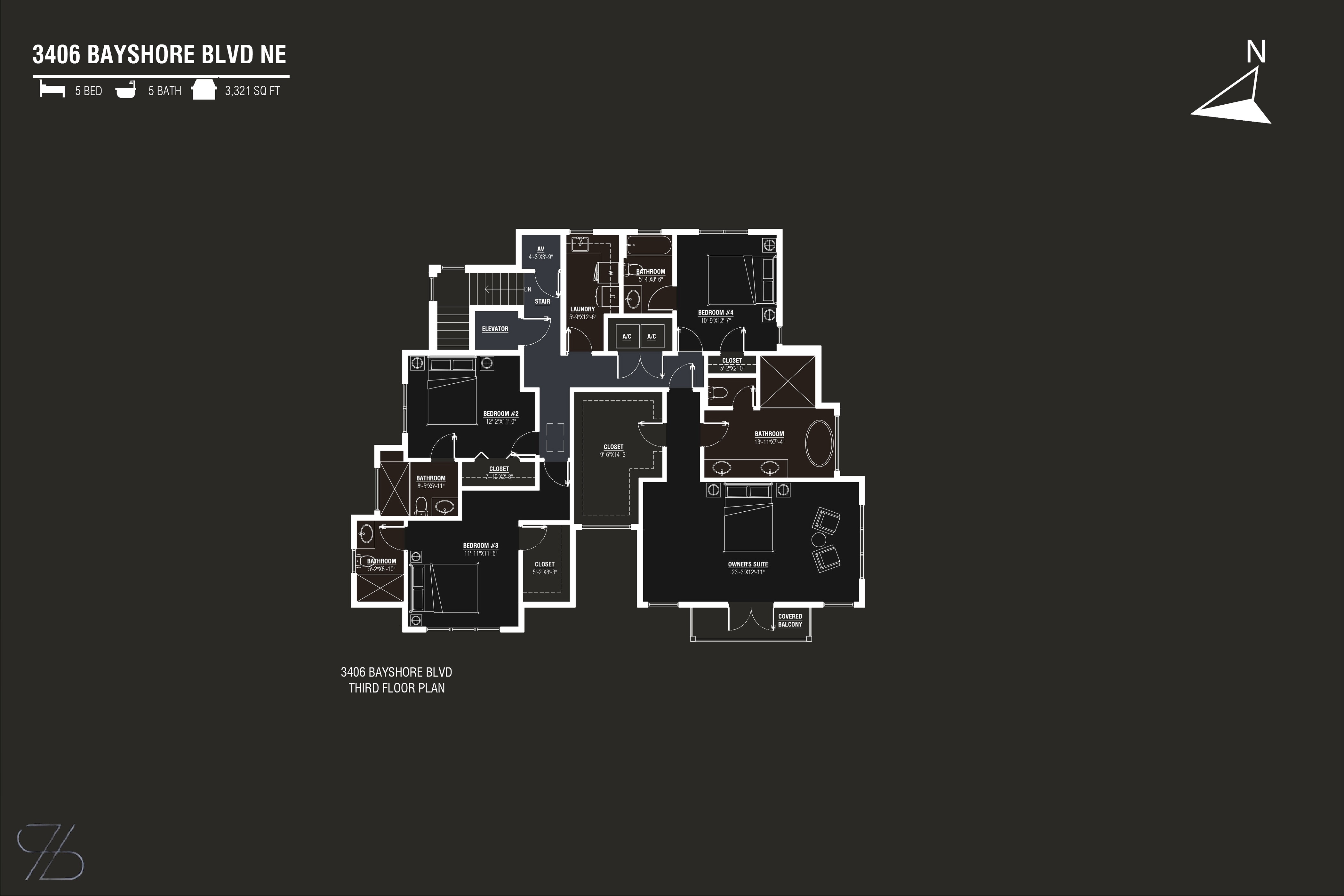 Third floor plan of 3406 Bayshore Blvd NE showing the owner's suite, three secondary bedrooms, three bathrooms, laundry, and covered balcony