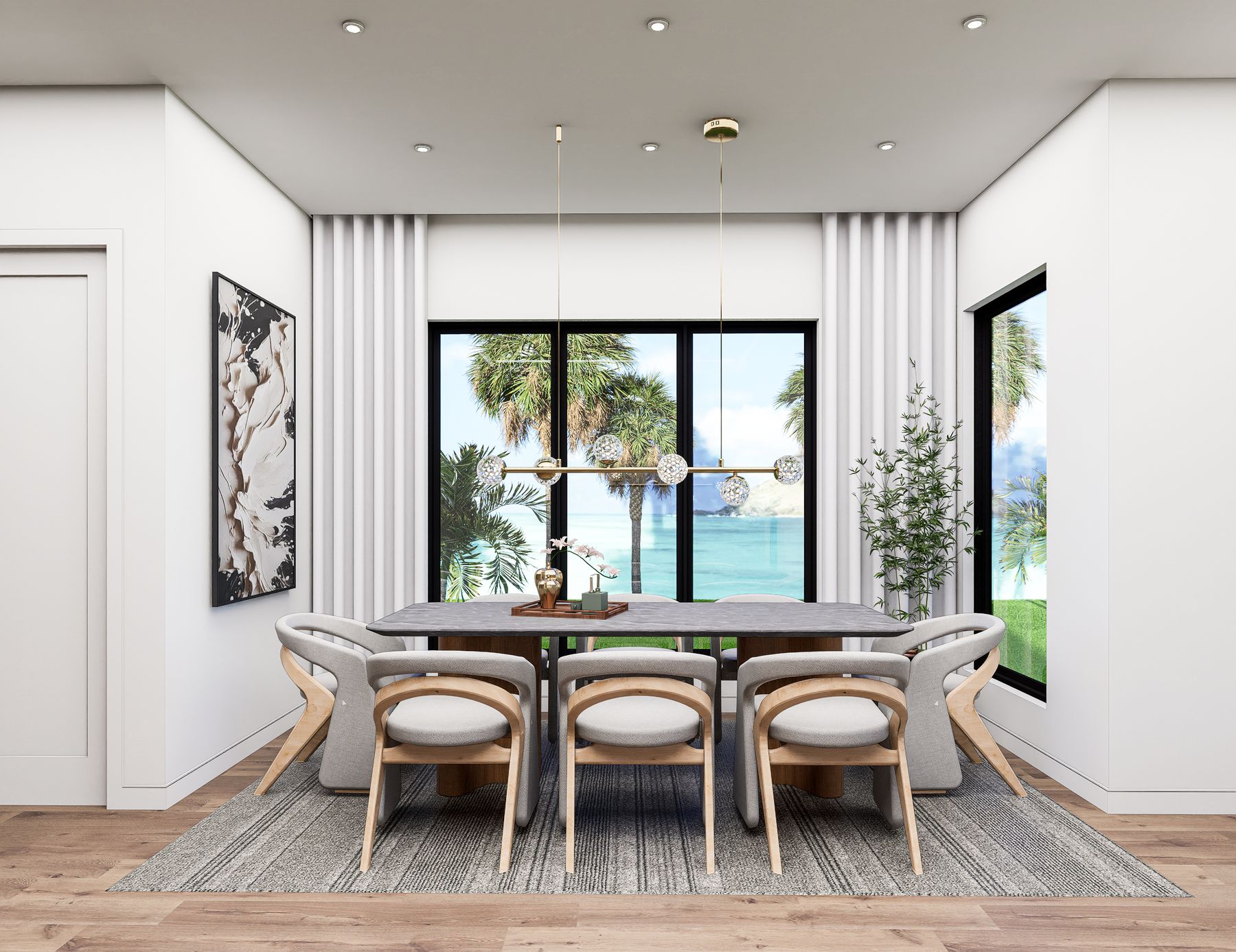 Formal dining room with designer chandelier and triple windows overlooking the lanai