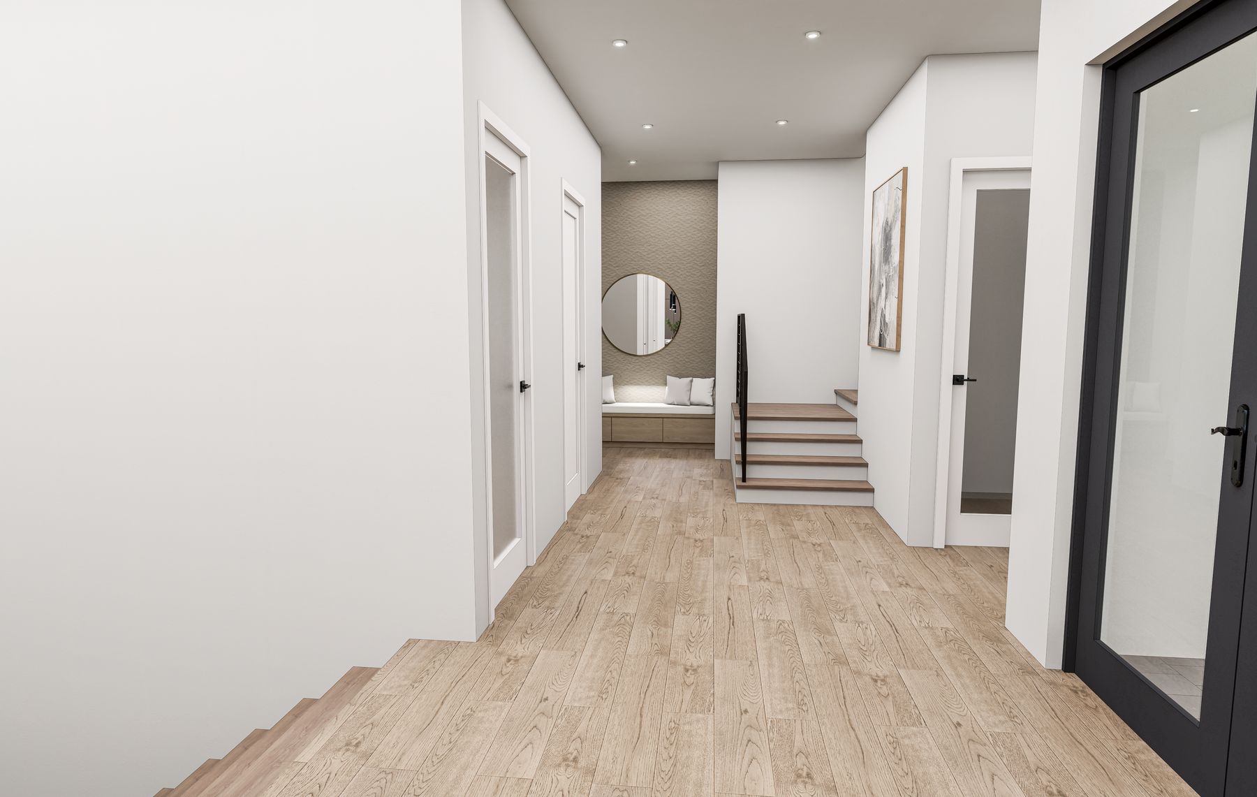 Grand two-story foyer with floating staircase, designer chandelier, and European white oak floors — 3406 Bayshore Blvd NE, St. Petersburg FL