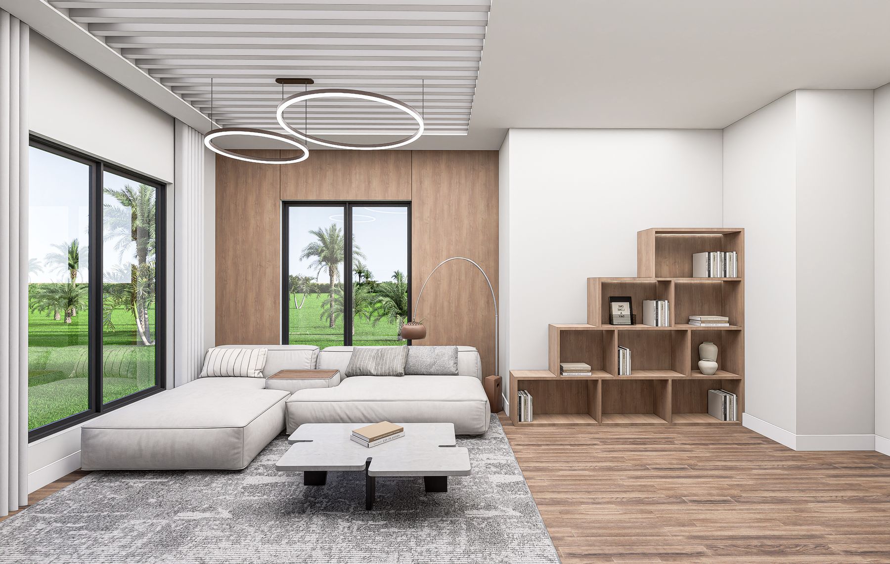 Upstairs game room and media lounge with built-in shelving and statement lighting