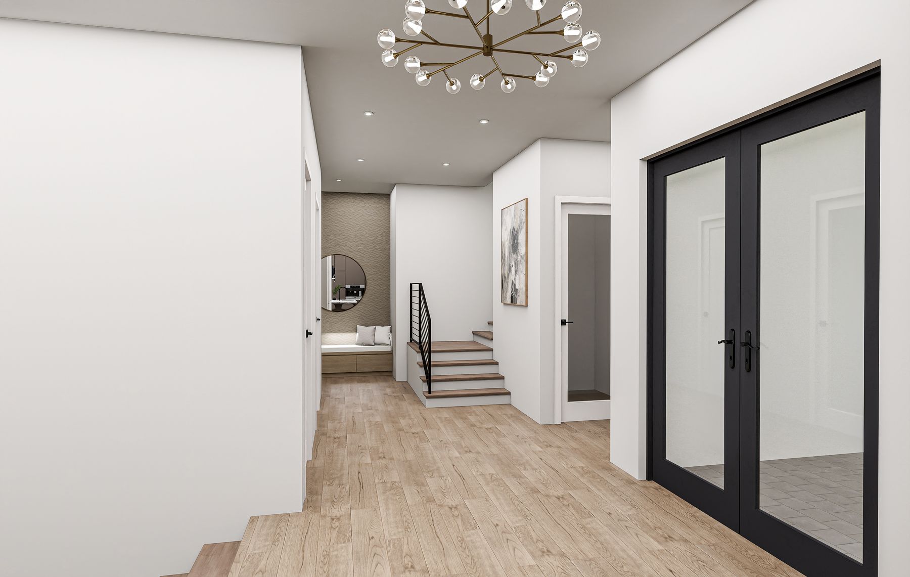 Grand foyer entry with floating staircase and double glass doors