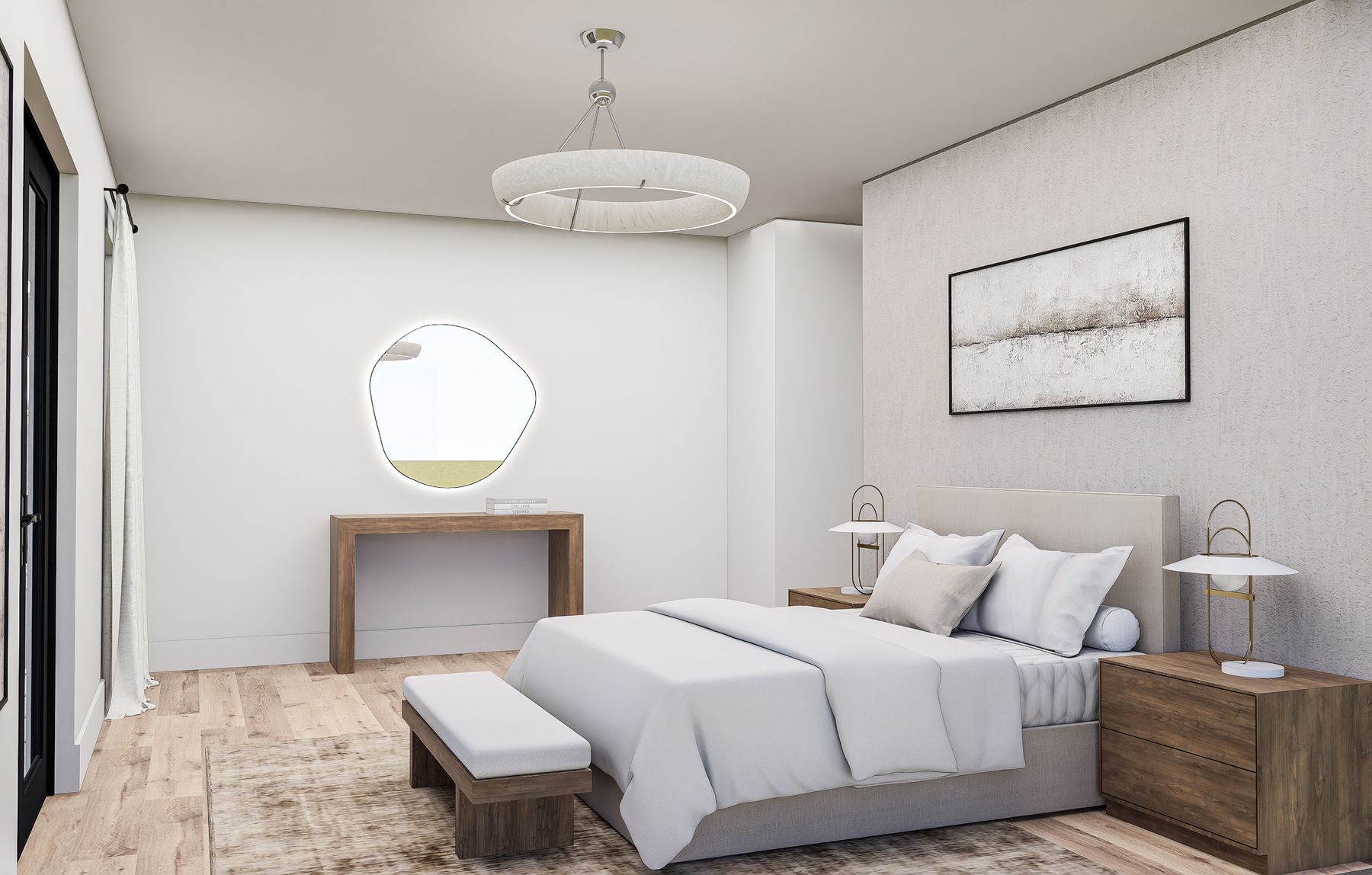 Owner's suite bedroom with tray ceiling and private balcony access