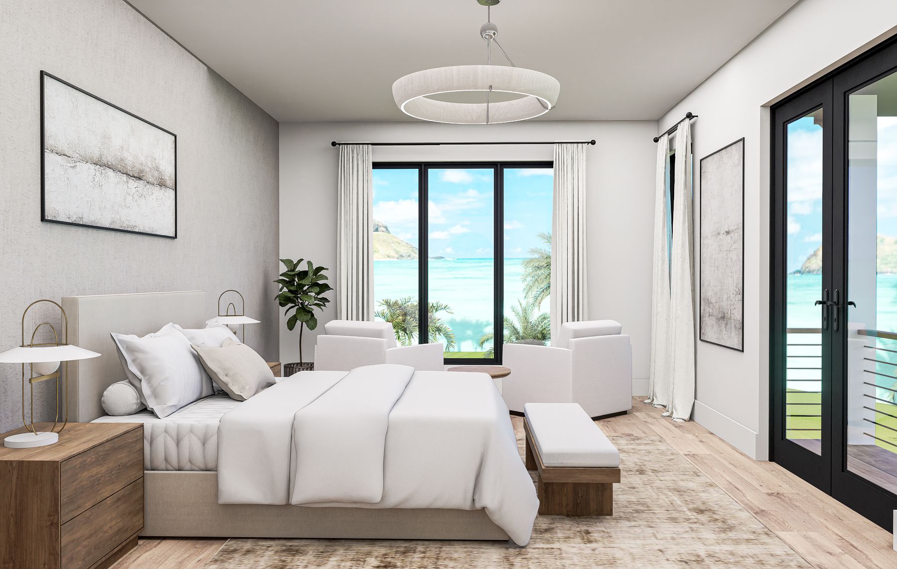Owner's suite with Tampa Bay water views, private balcony, and custom closet
