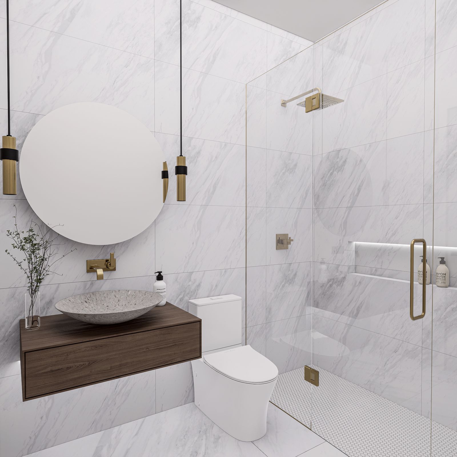 Pool bath with floating vanity, brushed bronze fixtures, and walk-in shower