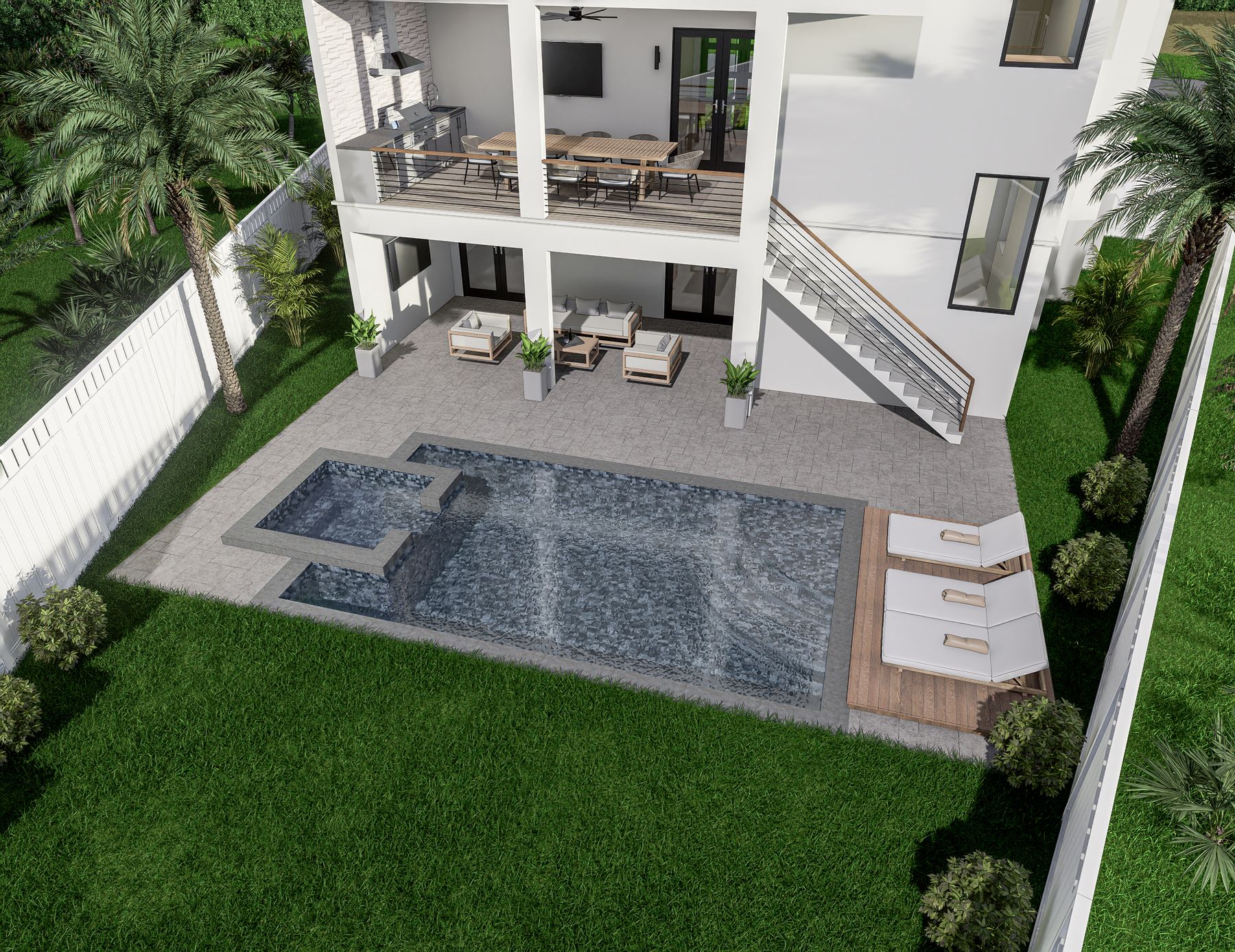 Aerial view of luxury pool and integrated spa with paver deck and landscape lighting