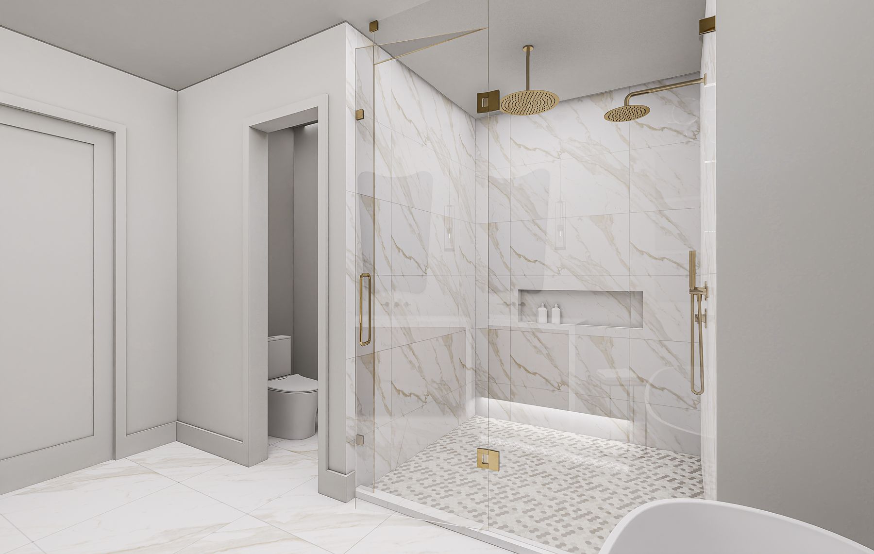 Primary bath with oversized rain shower, freestanding soaking tub, and marble-look tile