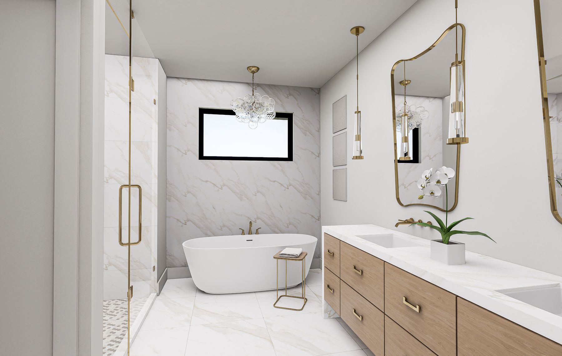 Primary bath with freestanding soaking tub, rain shower, and brushed bronze fixtures