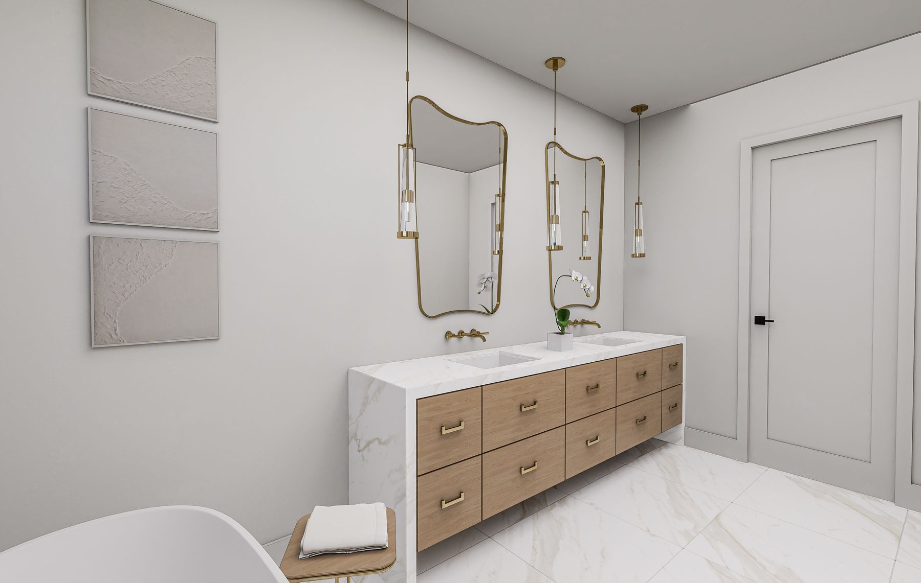 Primary bath dual vanity with quartz countertops and designer mirrors — finishes customizable by buyer